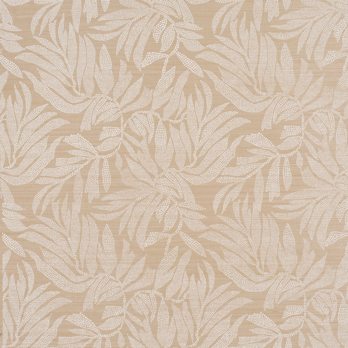Tayrona Palm Mosaic Sisal wallpaper in Playa Dorada Sand by Johanna Ortiz for Schumacher, featuring a hand screen printed palm frond pattern on paper-backed sisal.