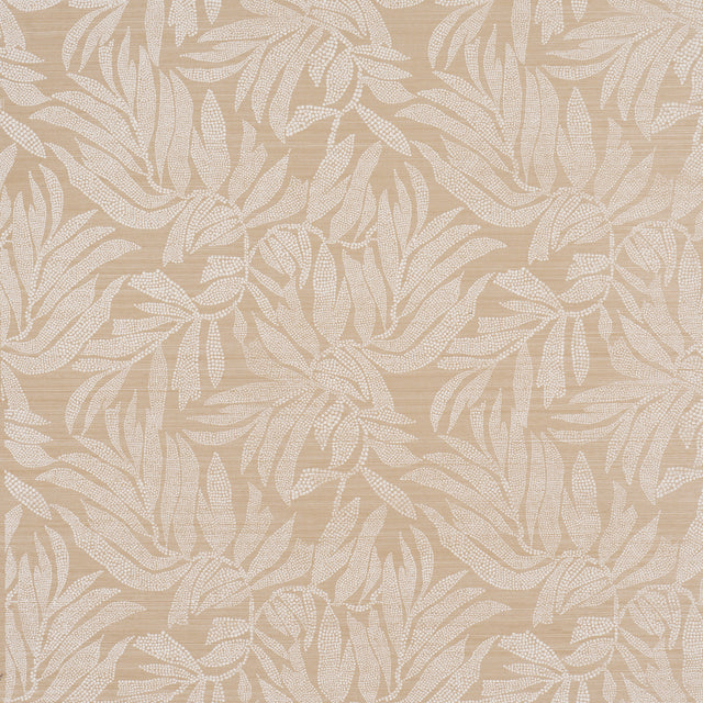 Tayrona Palm Mosaic Sisal wallpaper in Playa Dorada Sand by Johanna Ortiz for Schumacher, featuring a hand screen printed palm frond pattern on paper-backed sisal.