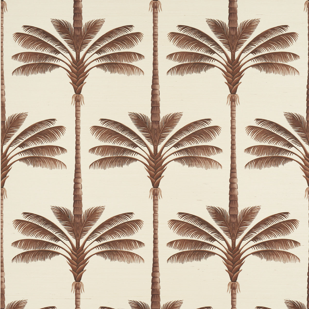A Palm Is A Palm Sisal wallpaper in Chocolate Meets Tobacco by Johanna Ortiz for Schumacher, featuring stylized palm trees on a textured sisal background.