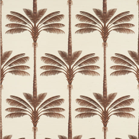 A Palm Is A Palm Sisal wallpaper in Chocolate Meets Tobacco by Johanna Ortiz for Schumacher, featuring stylized palm trees on a textured sisal background.