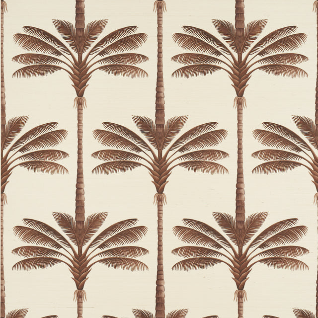 A Palm Is A Palm Sisal wallpaper in Chocolate Meets Tobacco by Johanna Ortiz for Schumacher, featuring stylized palm trees on a textured sisal background.