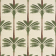 A Palm Is A Palm Sisal wallpaper in Daylight Evergreen by Johanna Ortiz for Schumacher, featuring stylized palm trees on a sisal texture background.