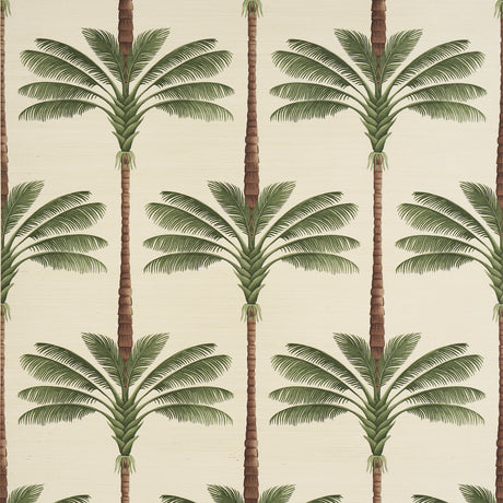 A Palm Is A Palm Sisal wallpaper in Daylight Evergreen by Johanna Ortiz for Schumacher, featuring stylized palm trees on a sisal texture background.