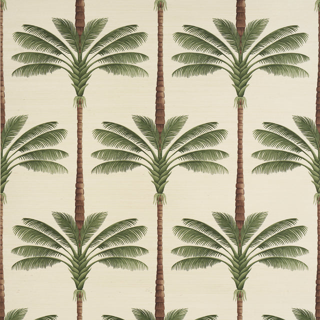 A Palm Is A Palm Sisal wallpaper in Daylight Evergreen by Johanna Ortiz for Schumacher, featuring stylized palm trees on a sisal texture background.