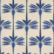 A Palm Is A Palm Sisal wallpaper in Indigo Palm Grove by Johanna Ortiz for Schumacher, featuring stylized blue palm trees on a textured sisal background.