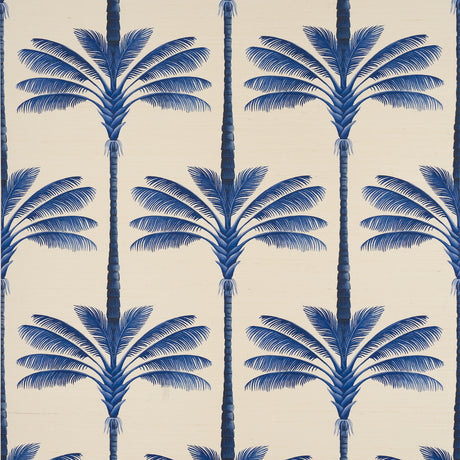 A Palm Is A Palm Sisal wallpaper in Indigo Palm Grove by Johanna Ortiz for Schumacher, featuring stylized blue palm trees on a textured sisal background.