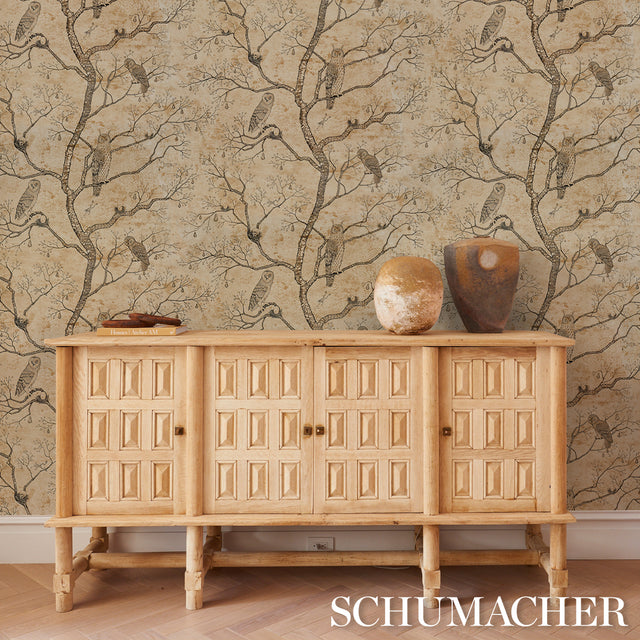 L'Attesa Nella Notte Parchment by Schumacher Luxe Lodge Artistic Owl Wallpaper – Schumacher 5017090