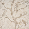L'Attesa Nella Notte wallpaper in ivory by Schumacher, featuring owls, skulls, and trees in a pen-and-ink style on a mottled background.