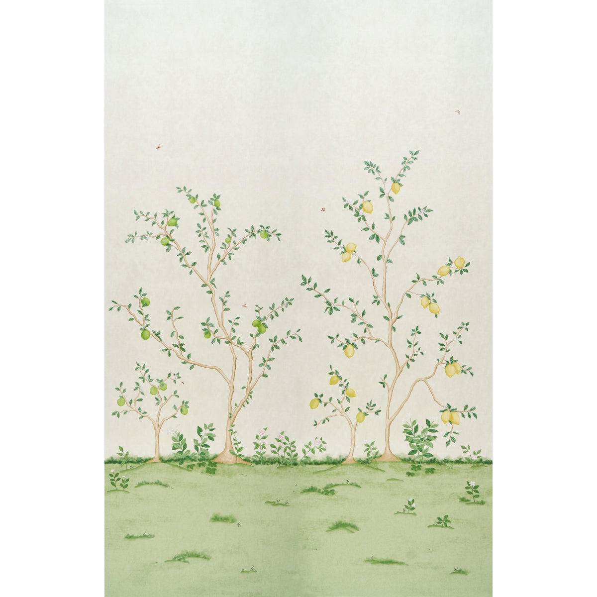 Citrus Blossom 2 Panel Set wallpaper featuring a hand-painted look of lemon trees and botanical elements on a cream background.