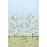 Citrus Blossom 2 Panel Set wallpaper in Sky by Schumacher, featuring a hand-painted look of lemon trees and blossoms on a blue background.
