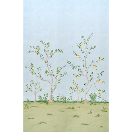 Citrus Blossom 2 Panel Set wallpaper in Sky by Schumacher, featuring a hand-painted look of lemon trees and blossoms on a blue background.