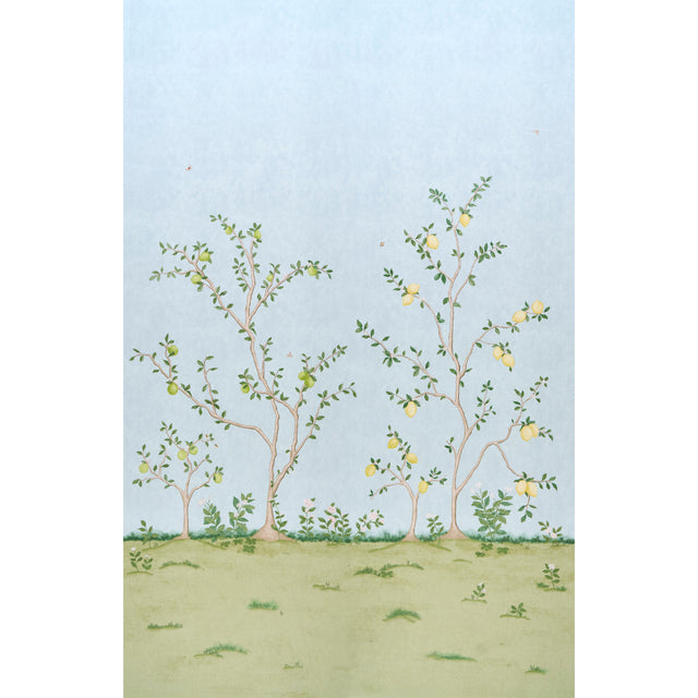 Citrus Blossom 2 Panel Set wallpaper in Sky by Schumacher, featuring a hand-painted look of lemon trees and blossoms on a blue background.