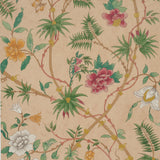 Arasi Botanical wallpaper in coral by Schumacher, featuring large-scale leafy botanicals and exotic spiked flowers on a neutral background.