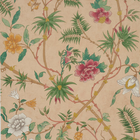Arasi Botanical wallpaper in coral by Schumacher, featuring large-scale leafy botanicals and exotic spiked flowers on a neutral background.