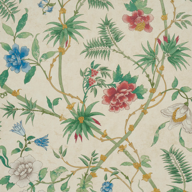 Arasi Botanical wallpaper in parchment by Schumacher, featuring a large-scale botanical design with exotic spiked flowers and hand-painted look.