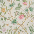 Arasi Botanical wallpaper in Petal by Schumacher, large-scale leafy botanical with exotic spiked flowers in pink, green, and yellow on a cream background.