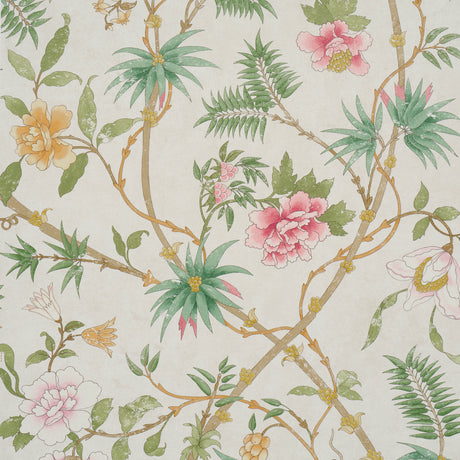 Arasi Botanical wallpaper in Petal by Schumacher, large-scale leafy botanical with exotic spiked flowers in pink, green, and yellow on a cream background.