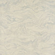 Romeo Sisal Sky wallpaper by Schumacher, featuring a trompe l'oeil marble effect in soft blue and cream tones, installed in a modern bedroom setting.