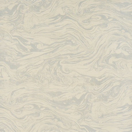 Romeo Sisal Sky wallpaper by Schumacher, featuring a trompe l'oeil marble effect in soft blue and cream tones, installed in a modern bedroom setting.