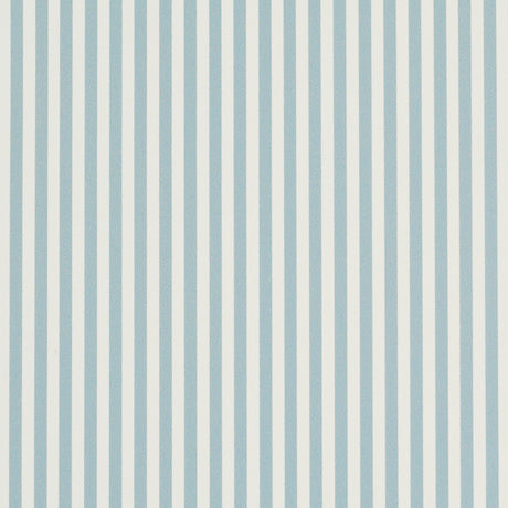 Emma Stripe Narrow wallpaper in Chambray by Schumacher, featuring crisp blue and white vertical stripes, shown in a bathroom setting.