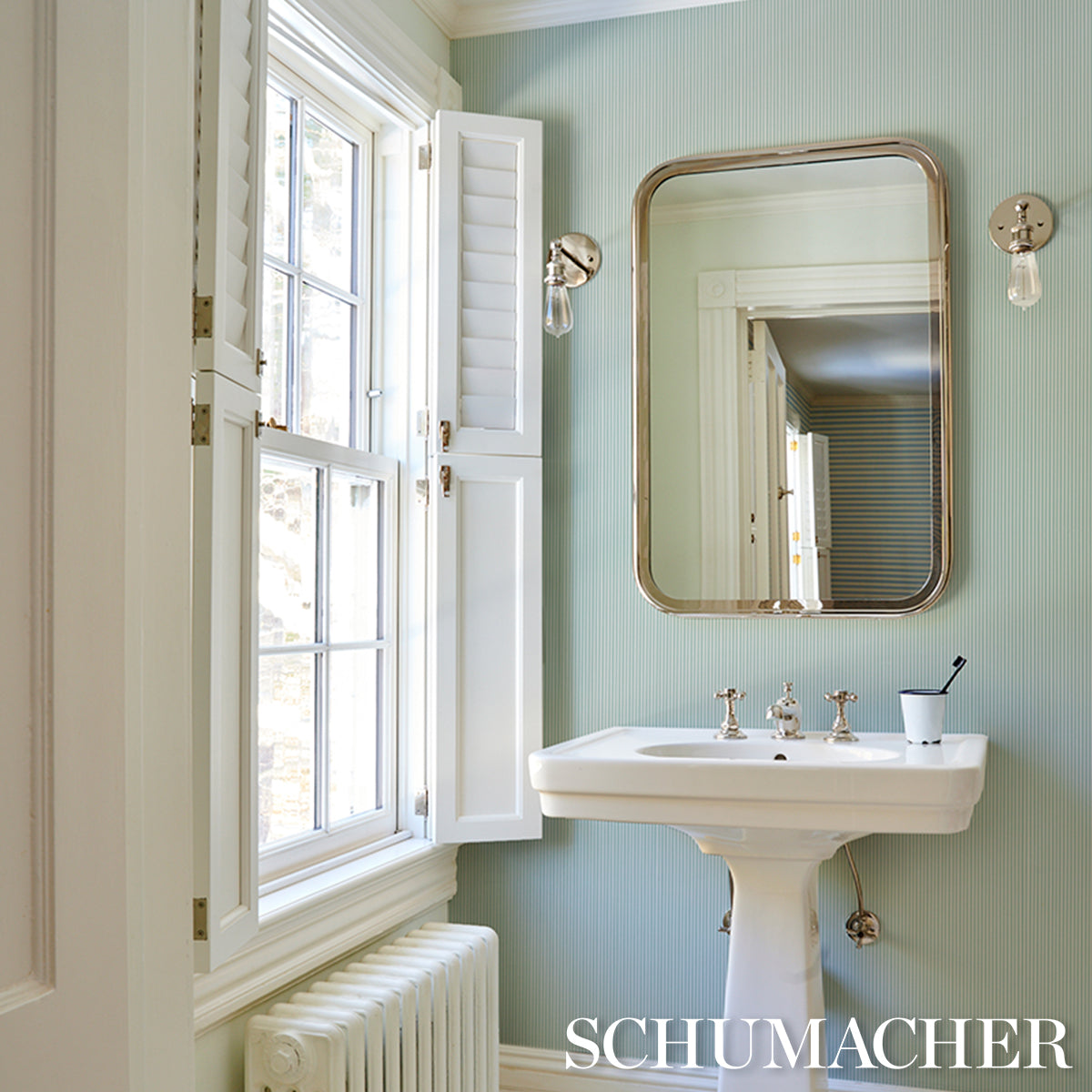 Emma Stripe Narrow Aqua by Schumacher Classic Stripe Wallpaper – Schumacher 5017194