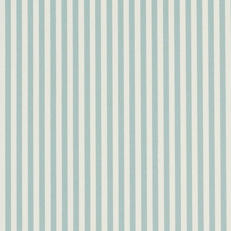 Emma Stripe Narrow wallpaper in Aqua by Schumacher, featuring narrow vertical aqua stripes on a white background, shown in a bathroom setting.