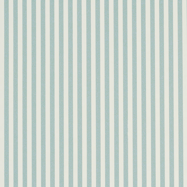 Emma Stripe Narrow wallpaper in Aqua by Schumacher, featuring narrow vertical aqua stripes on a white background, shown in a bathroom setting.