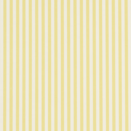 Emma Stripe Narrow yellow and white striped wallpaper by Schumacher shown in detail and installed in a bathroom setting.