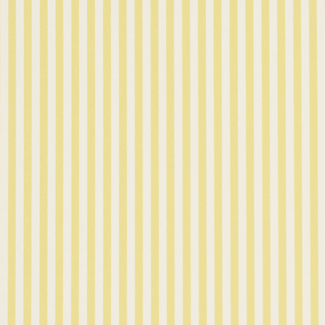 Emma Stripe Narrow yellow and white striped wallpaper by Schumacher shown in detail and installed in a bathroom setting.