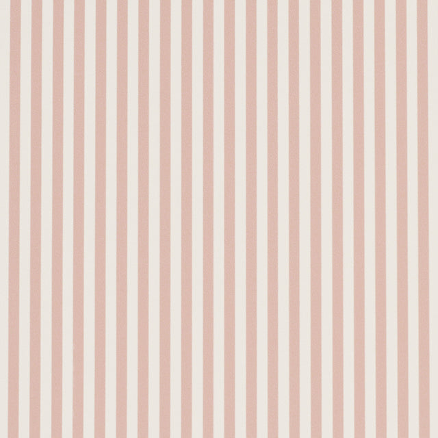 Emma Stripe Narrow wallpaper in Rose by Schumacher, featuring narrow vertical stripes in a soft pink hue, shown as a roll and installed in a bathroom setting.