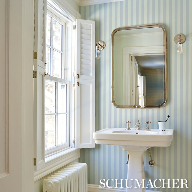 Emma Stripe Sky by Schumacher Classic Blue and White Stripe Wallpaper – Schumacher 5017210