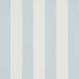 Emma Stripe wallpaper in Sky by Schumacher, featuring classic blue and white vertical stripes, shown in a styled bathroom interior.