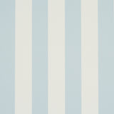 Emma Stripe wallpaper in Sky by Schumacher, featuring classic blue and white vertical stripes, shown in a styled bathroom interior.