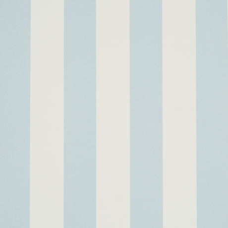 Emma Stripe wallpaper in Sky by Schumacher, featuring classic blue and white vertical stripes, shown in a styled bathroom interior.