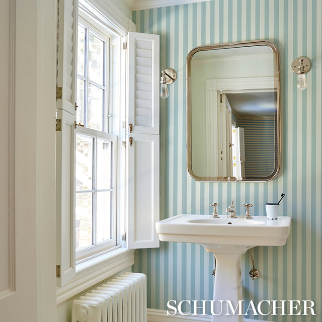 Emma Stripe Chambray by Schumacher Classic Blue and White Striped Wallpaper – Schumacher 5017211