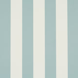 Emma Stripe wallpaper in Chambray by Schumacher, featuring crisp blue and white vertical stripes, shown in a styled bathroom interior.