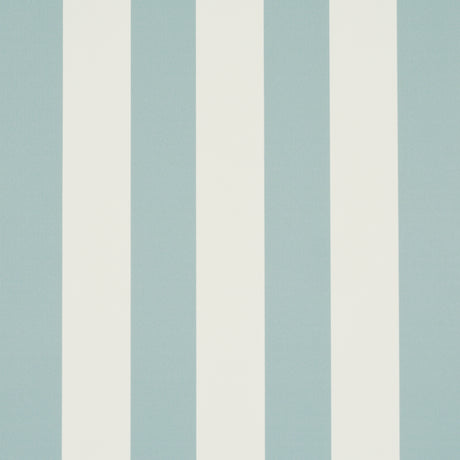 Emma Stripe wallpaper in Chambray by Schumacher, featuring crisp blue and white vertical stripes, shown in a styled bathroom interior.