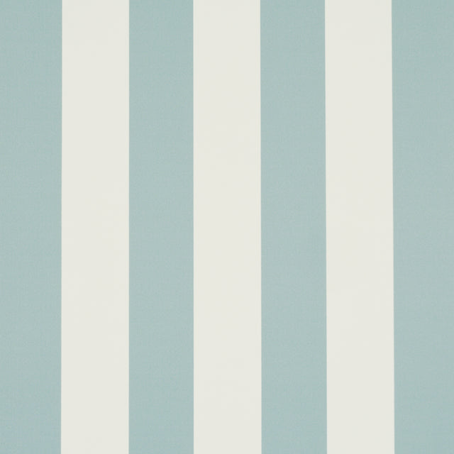 Emma Stripe wallpaper in Chambray by Schumacher, featuring crisp blue and white vertical stripes, shown in a styled bathroom interior.