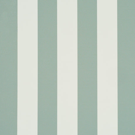 Emma Stripe wallpaper in teal and white vertical stripes by Schumacher, styled in a classic bathroom setting.