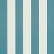 Emma Stripe Azure wallpaper by Schumacher featuring bold blue and white vertical stripes, shown in a styled bathroom interior.