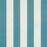 Emma Stripe Azure wallpaper by Schumacher featuring bold blue and white vertical stripes, shown in a styled bathroom interior.