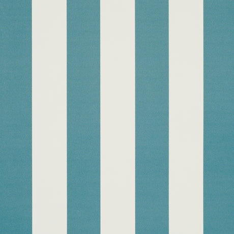 Emma Stripe Azure wallpaper by Schumacher featuring bold blue and white vertical stripes, shown in a styled bathroom interior.