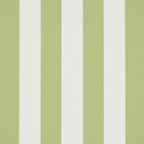Emma Stripe wallpaper in Leaf by Schumacher, featuring crisp green and white vertical stripes, shown in a styled bathroom interior.