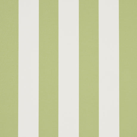 Emma Stripe wallpaper in Leaf by Schumacher, featuring crisp green and white vertical stripes, shown in a styled bathroom interior.