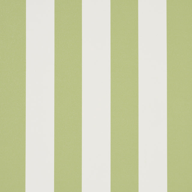 Emma Stripe wallpaper in Leaf by Schumacher, featuring crisp green and white vertical stripes, shown in a styled bathroom interior.