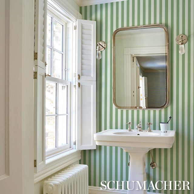Emma Stripe Apple Green by Schumacher Classic Vertical Stripe Wallpaper – Schumacher 5017216