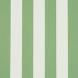 Emma Stripe wallpaper in Apple Green by Schumacher, featuring bold vertical green and white stripes, shown in a styled bathroom interior.