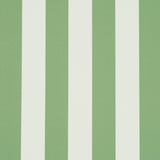 Emma Stripe wallpaper in Apple Green by Schumacher, featuring bold vertical green and white stripes, shown in a styled bathroom interior.