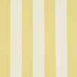 Emma Stripe yellow and white striped wallpaper by Schumacher shown in a bathroom interior and as a roll.