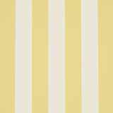 Emma Stripe yellow and white striped wallpaper by Schumacher shown in a bathroom interior and as a roll.
